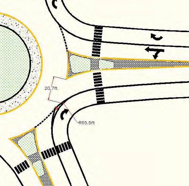 According to the FWHA design guide, exit radii should be no less than 50 feet unless the intersection has a lot of pedestrian activity. In that case the exit radii may be as low as 33 to 39 feet.
