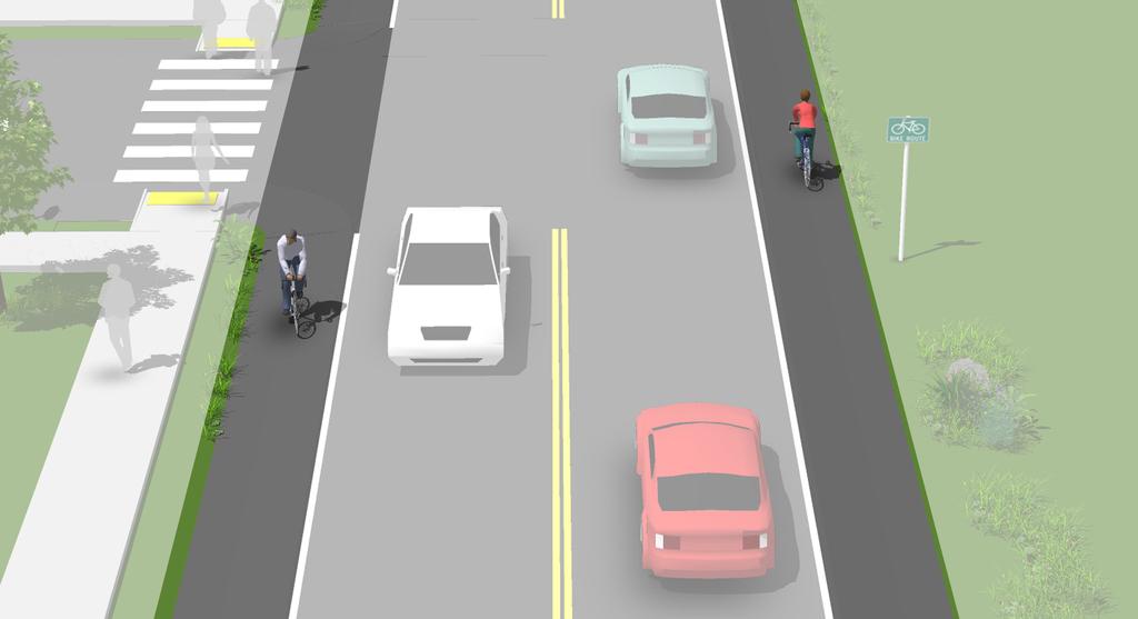 APPENDIX F: BICYCLE AND PEDESTRIAN DESIGN GUIDELINES Shoulder Bikeways Description Typically found in less-dense areas, shoulder bikeways are paved roadways with striped shoulders (4 +) wide enough