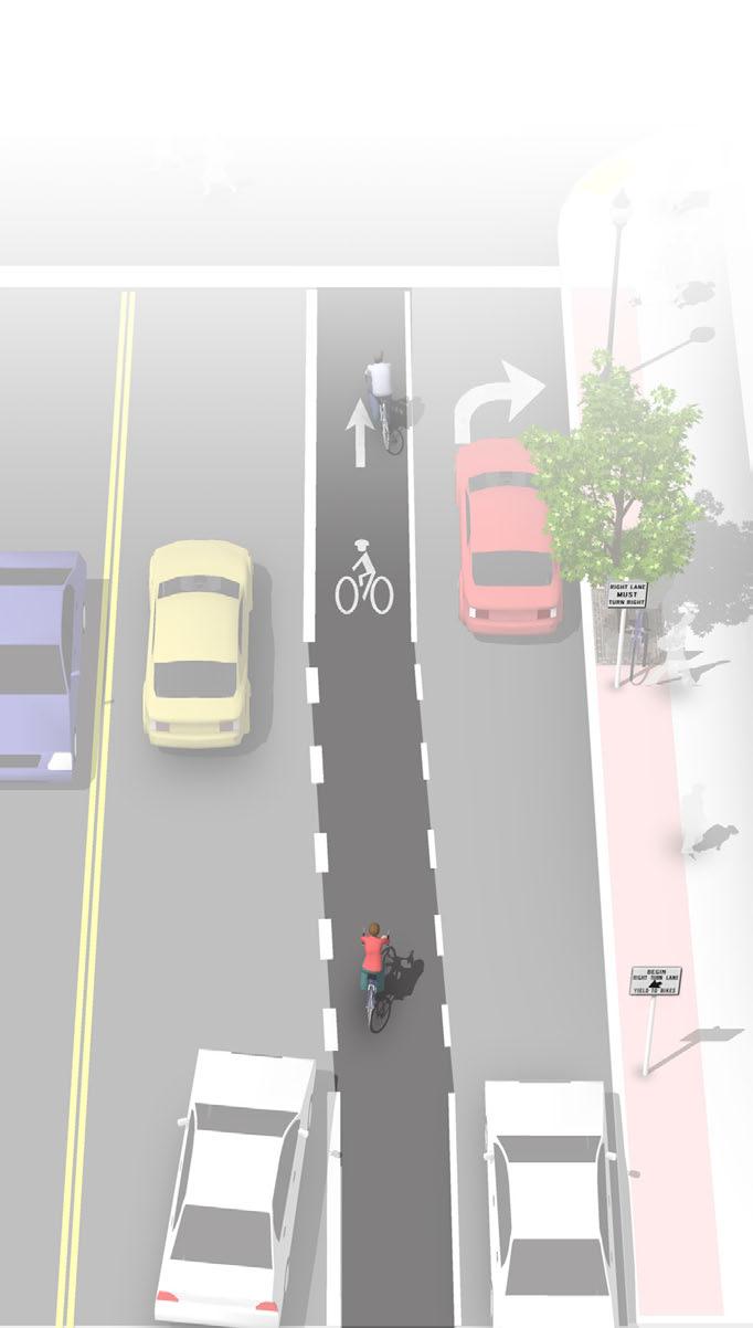 Bike Lanes at Right Turn Only Lanes Description The appropriate treatment at right-turn lanes is to place the bike lane between the right-turn lane and the rightmost through lane or, where