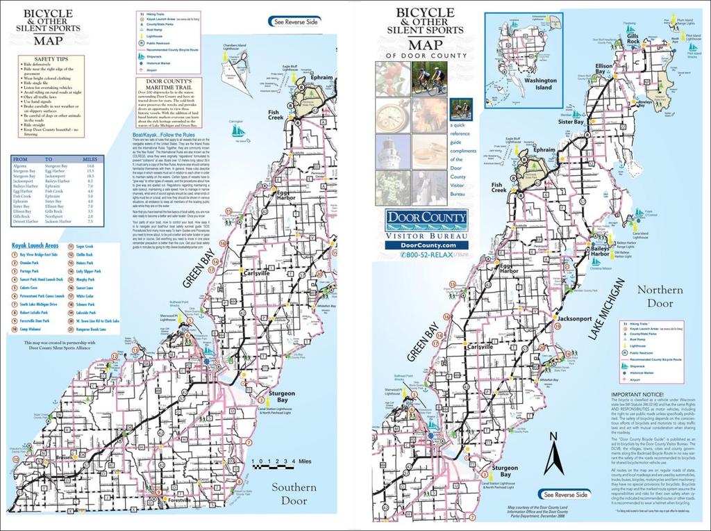 Published as part of the tourism-focused Door County Bicycle Guide, the map identifies recommended county bicycle routes throughout Door County.