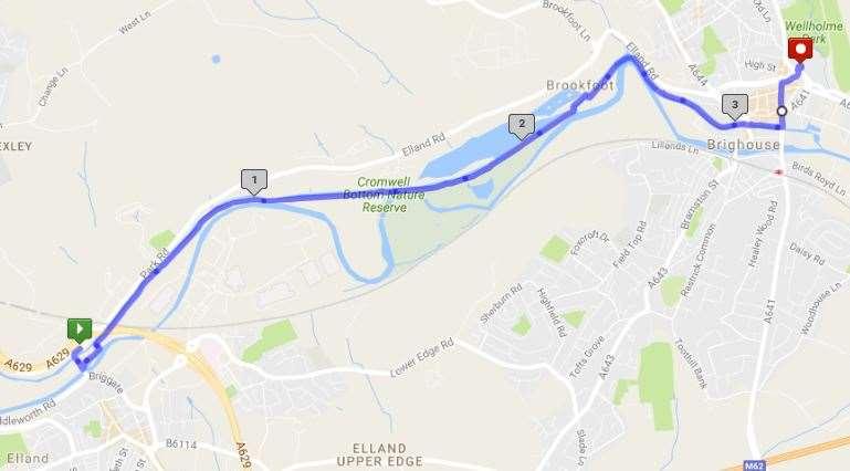 Stage 2 Elland to Brighouse 4 0.0 Head over Elland Bridge 0.1 Halfway over the bridge, turn left on Gas Works Lane. 0.2 Take the path to the left after Wharf House by the sign for the Calder Valley Greenway to re-join the canal towpath heading towards Brighouse 1.