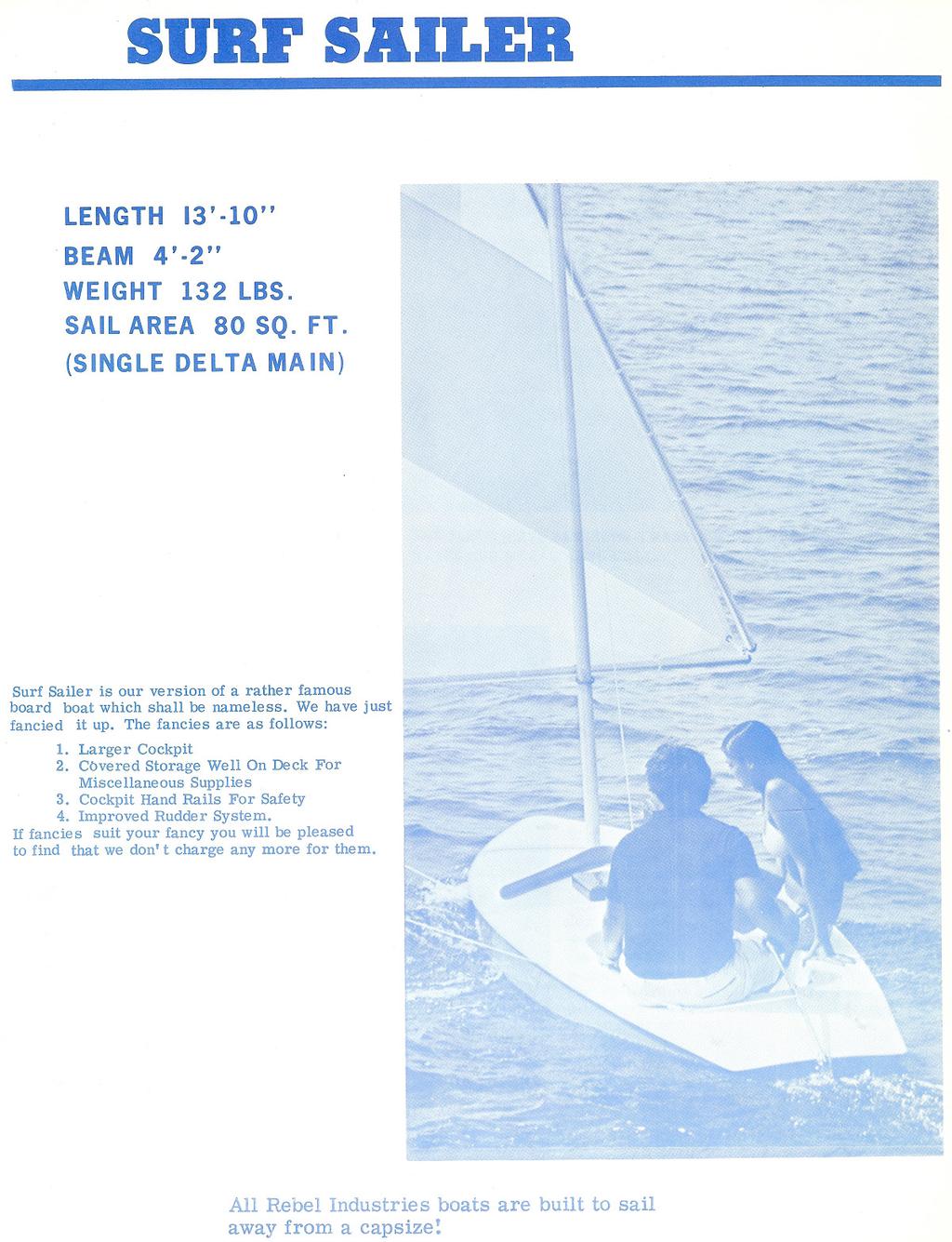 SURF SAILER LENGTH 13' -10" BEAM 4'-2" WEIGHT 132 LBS. SAIL AREA 80 SQ. FT. (SINGLE DELTA MAIN) Surf Sailer is our version of a rather famous board boat which shall be nameless.