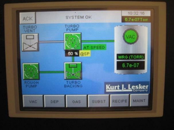 5.1.1 Vacuum screen ( VAC ): The status of the rough pump and turbo pump are indicated, the system pressure as measured by the Wide Range Gauge (WRG) is shown in two places, and the turbo pump speed
