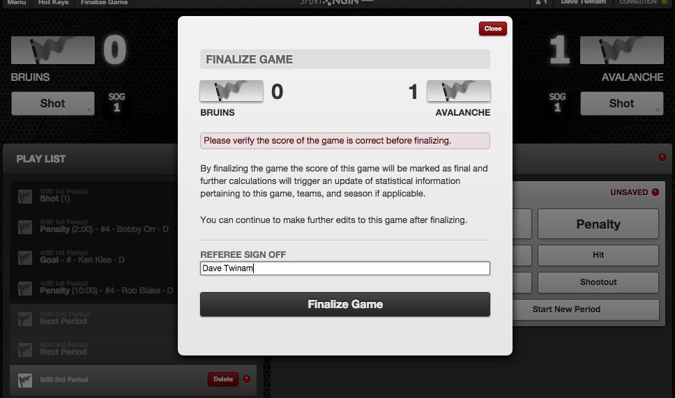 The referee can input his/her Name/Referee Number if they like or you can input your name as the Scorekeeper. If everything is correct, select Finalize Game from the Pop Up window.