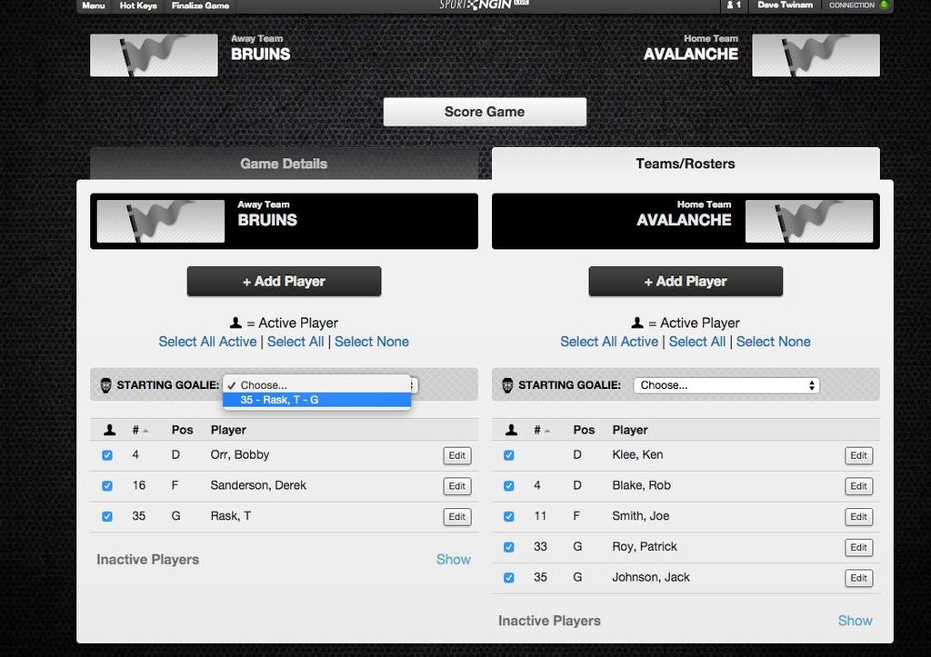 Now Select the Teams/Rosters Tab by clicking on it and you should see a screen like the one captured below: 6) It s generally easiest to select/click on the Select All Active players for each of the
