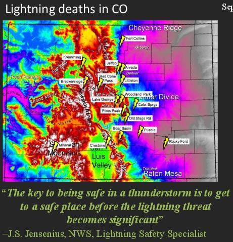 Weather Safety (Lightning) Each lightning bolt represents the location of a deadly strike in Colorado Both Crestone and Mineral do appear