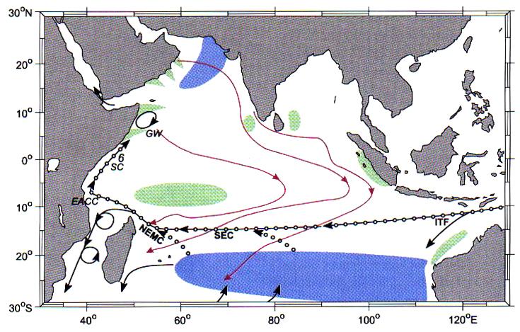 d-the Indian Ocean The surface circulation in the northern part of the Indian Ocean changes seasonally, in response to the monsoon.
