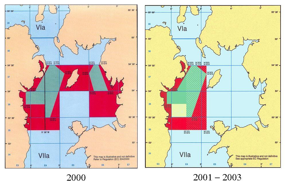 ICES WGNSDS report 2006 17 Figure 1.7. Maps of the Irish Sea (VIIa) closed areas for 2000 2003. The closed area is shaded red and the area open to Nephrops derogations is shaded green.