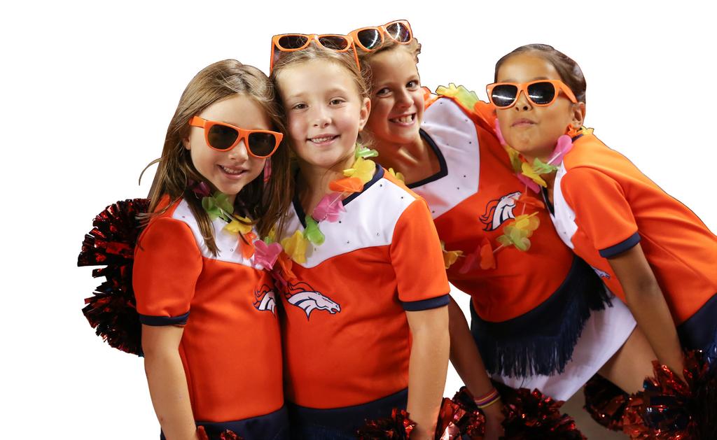 Junior Cheerleaders will participate in monthly clinics taught by the Denver Broncos Cheerleaders and have the opportunity to participate in charity and community appearances.