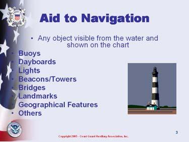 Before opening the slide Ask What is an ATON? Ask what ATONs are in their waters or on land? Any object visible from the water and shown on a chart can be used to fix your position.
