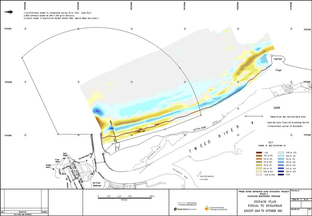 Migration of a slug-like sand mass of 200,000 m 3 around Fingal Head Figure 8 Isopach Plan showing changes in surface level along Letitia Spit - Aug 2010 to Oct 2011 Jetty Efficiency and Infilling of