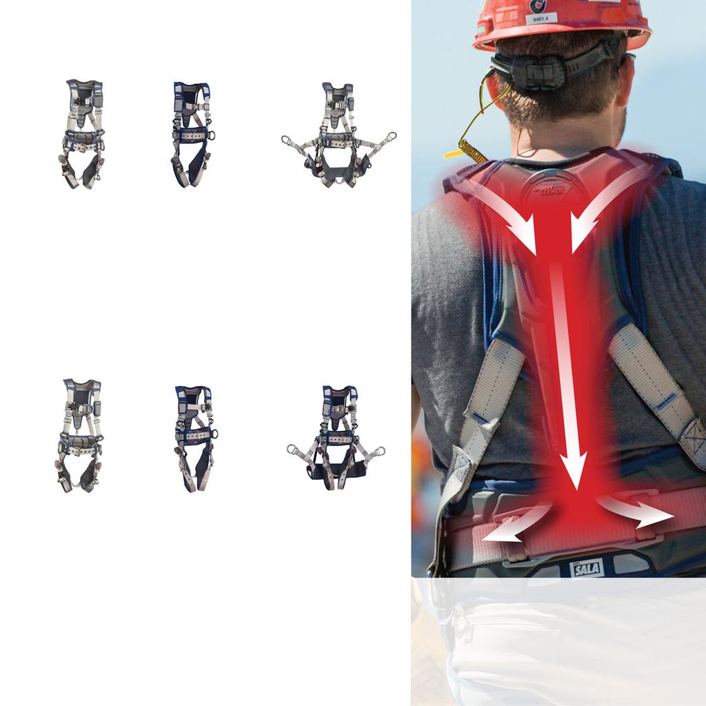Harness Styles ExoFit STRATA Construction Style Harness Tri-Lock Revolver buckles, back and side D-rings.