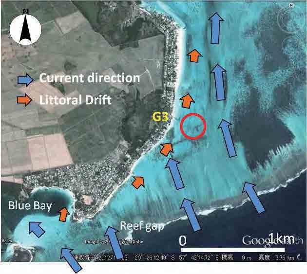 On the southern side of Blue Bay, the reef does not exist and the water depth is deep. From the survey the steep slope of 1:3~1:5 was surveyed by diving.