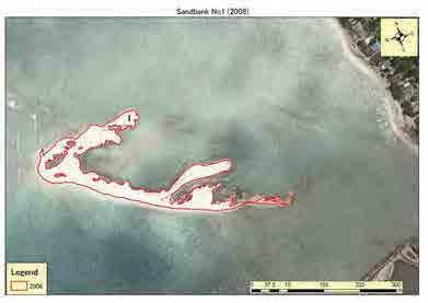 Sand Bar Area 10,000 m 2 (2003) Sand Bar Area 12,600 m 2 (2006) Sand Bar Area 22,800 m 2 (2008) Sand Bar Area 26,100 m 2 (2011) Source: JICA Expert Team modified based on Google Earth Figure 1.3.5 Temporal Change of Sand Bar in the Lagoon of Baie du Tombeau The sand bars are increasing and made of coral cobble.