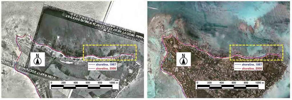 area. Enlarged photos of the eroded area at the east of the north area are shown in Figure 2.2.5. The coastline in 1967 is shown as a blue line and the coastline in 2008 as a red line.