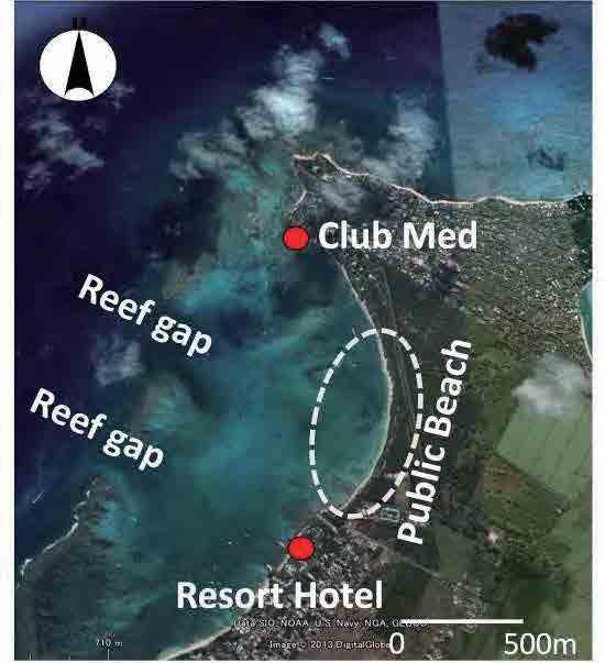 3 Mon Choisy 3.1 Beach Condition Mon Choisy is a coral reef beach that is 2 km long; it is fronted by a coral reef that is 1 km wide and at a depth of 1 to 2 meters, as shown in Figure 3.1.1. A resort hotel exists at the south tip of the beach, and there is a 1.