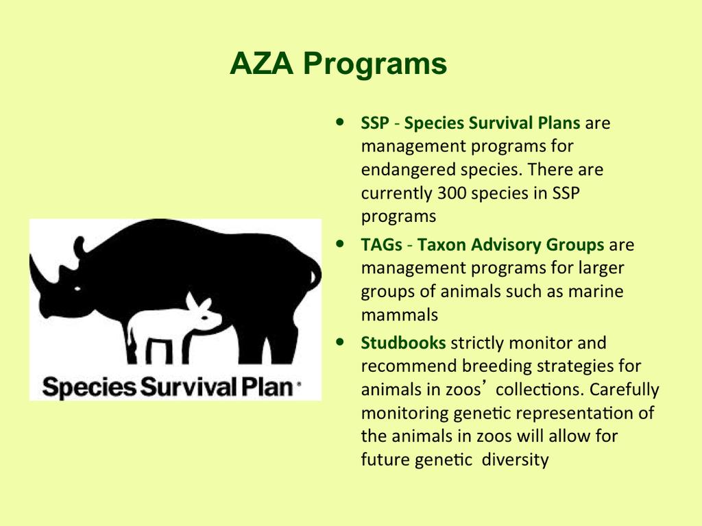AZA (American Zoos and Aquariums) made conservation efforts of zoos and participation in programs such as SSP s and TAG s mandatory for accreditation, thus zoos were encouraged to make conservation a