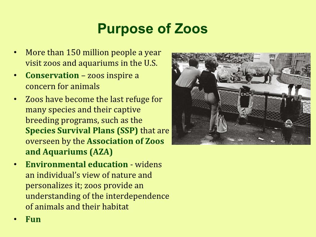 Nowadays zoos serve three main purposes: conservation, environmental education and entertainment. The public s perception of a zoo is entertainment, education and lastly conservation in that order.