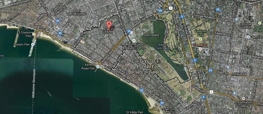 Figure 1-2 - Albert Park Lake, Melbourne is located alongside Port Philip Bay. The close proximity to the bay provides relatively steady wind speed and direction for testing.