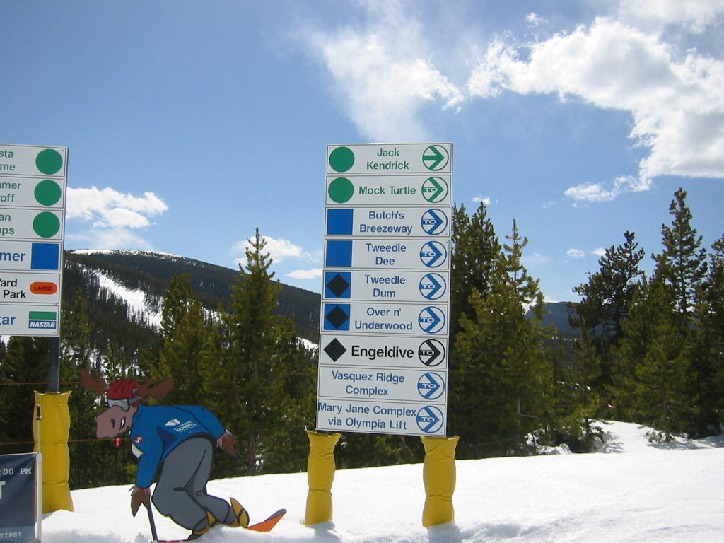 Trail signs are at intersections and near the top of chairlifts. Degree of difficulty ratings and symbols are relative to each resort.