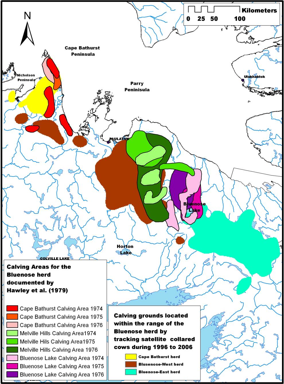 Status of Porcupine Caribou and Barren-ground Caribou in the NWT Scientific Figure 7. Comparison of luenose calving grounds 1974-76 (Hawley et al.