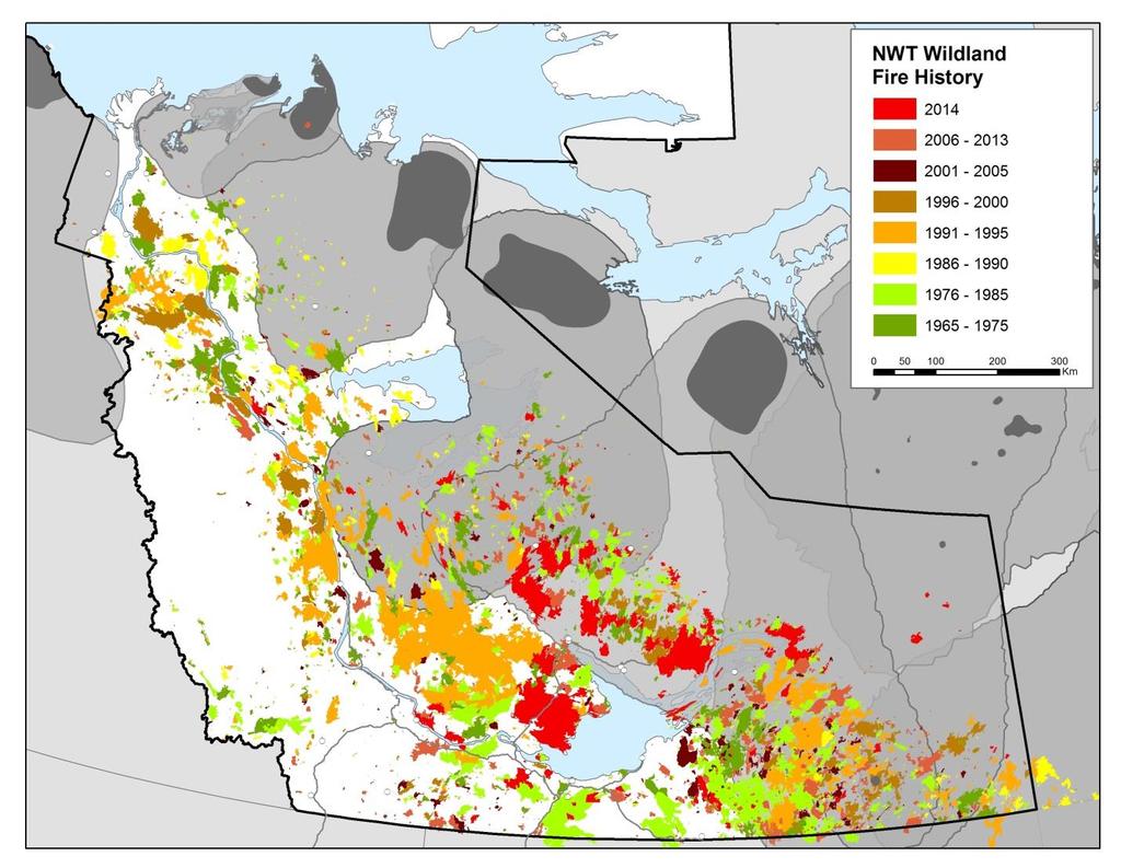 Status of Porcupine Caribou and Barren-ground Caribou in the NWT Scientific and Bathurst herds, fires have been prevalent within the south and west of their range (Fig. 23, below).