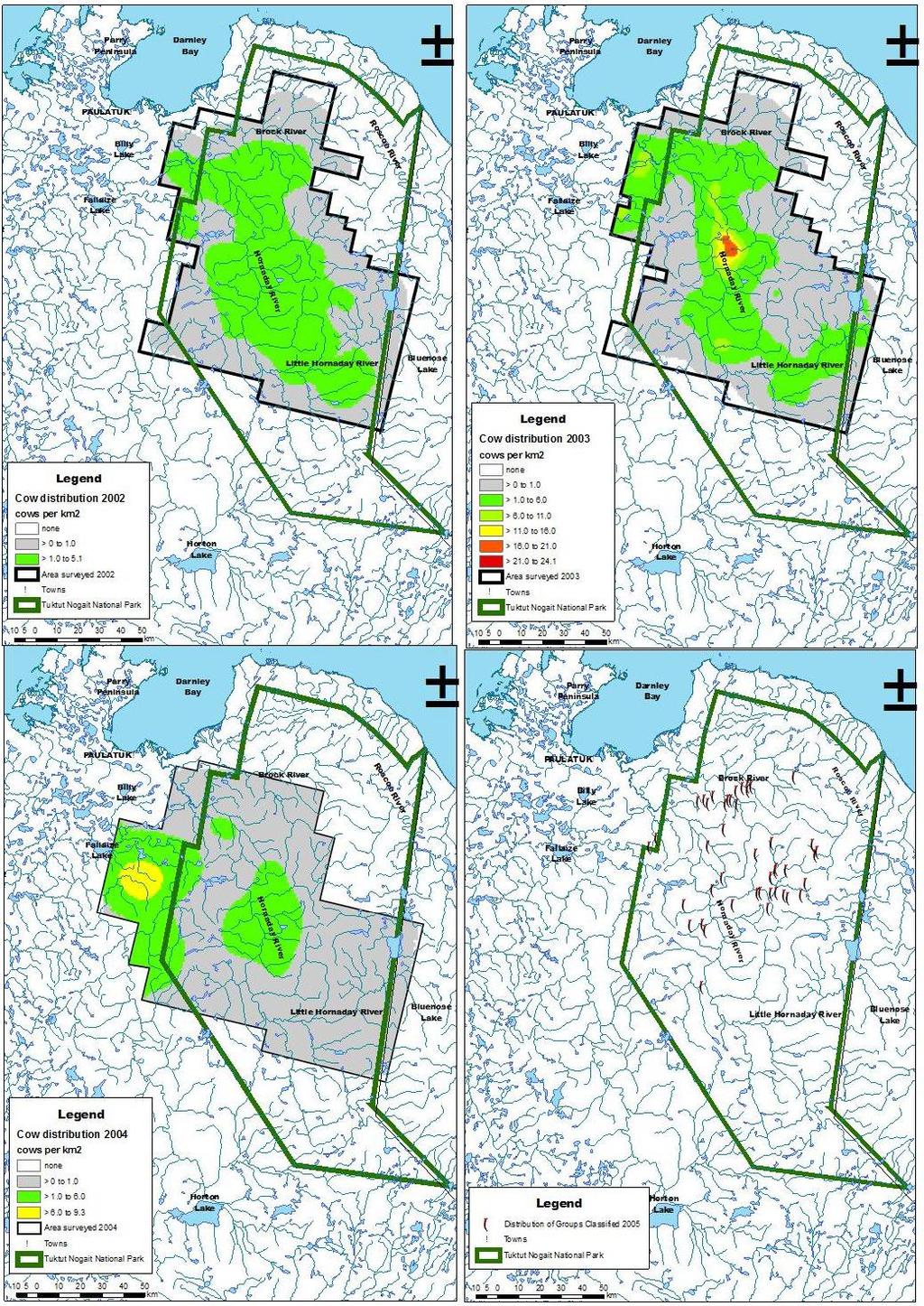 Status of Porcupine Caribou and Barren-ground Caribou in the NWT Scientific Figure 30. Distribution of females during calving on the Bluenose-West calving ground June 2002-05. Gray is <1.