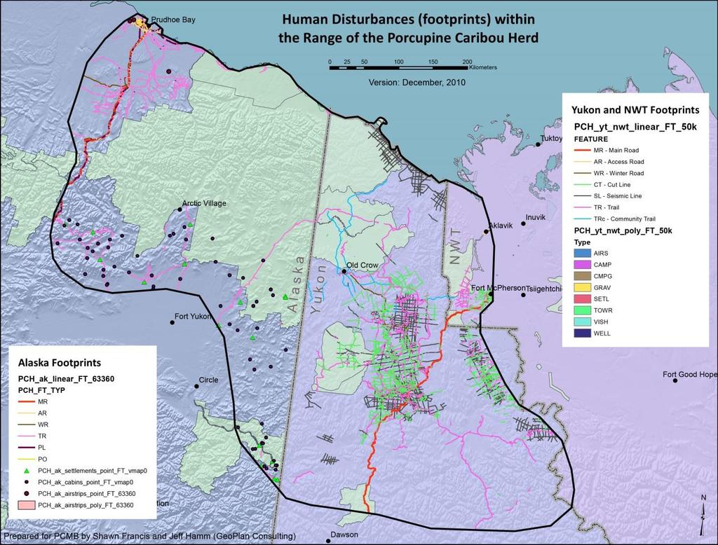 Status of Porcupine Caribou and Barren-ground Caribou in the NWT Scientific Figure 33. Human disturbance (footprints) within the range of the Porcupine caribou herd (reproduced from PCMB 2016).