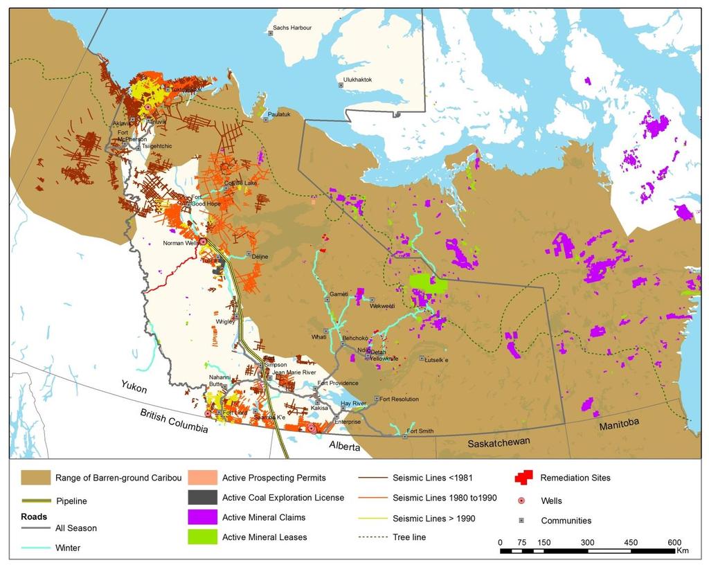 Status of Porcupine Caribou and Barren-ground Caribou in the NWT Traditional and Community Figure 4. Disturbance related to development activities and barren-ground caribou range.