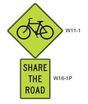 Chapter 7 Bicycle Design Guidelines Signs for Shared Roadways Share the Road Signage A Share the Road sign assembly (W11 1 + W16 1P) is intended to alert motorists that bicyclists may be encountered
