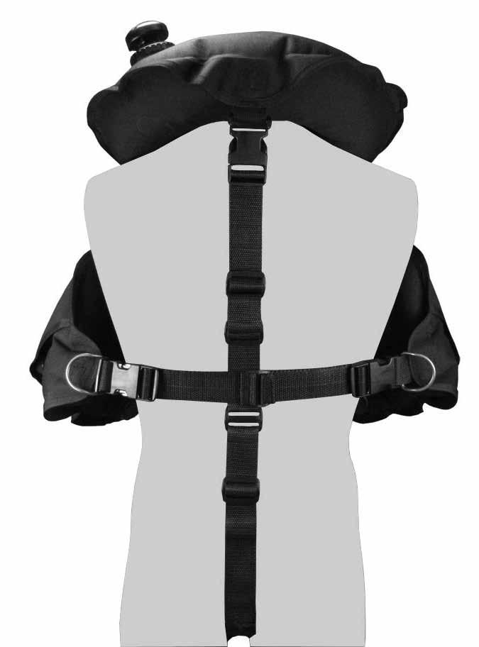 Connect one waist strap male quick-release buckle to the female buckle located on the side lobe of the BC (Fig. 13B). Insert your arm through the vest as if you were putting on a jacket.