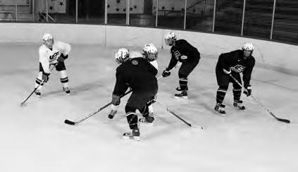 their sticks and skates in constant contact with the ice. There can be no checking from behind. If a player leaves the circle with any body part, he does five push-ups before returning to the drill.