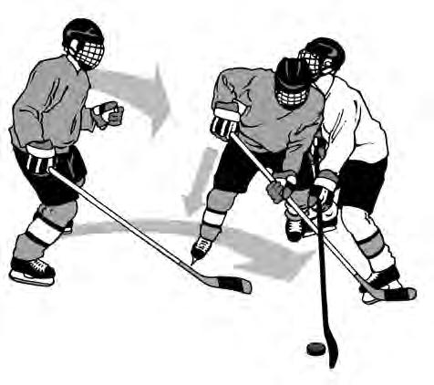 Turn your upper body so your shoulder is toward the opponent. Stay in a low stance and make a c-cut to rotate your body 90. Tuck in your elbow and keep your stick on the ice.