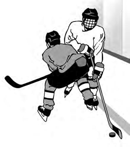 USING THE HIP CHECK Of the three body checks, the hip check might be technically the most difficult to master. This is partly due to the fact that you are skating backward at the launching moment.