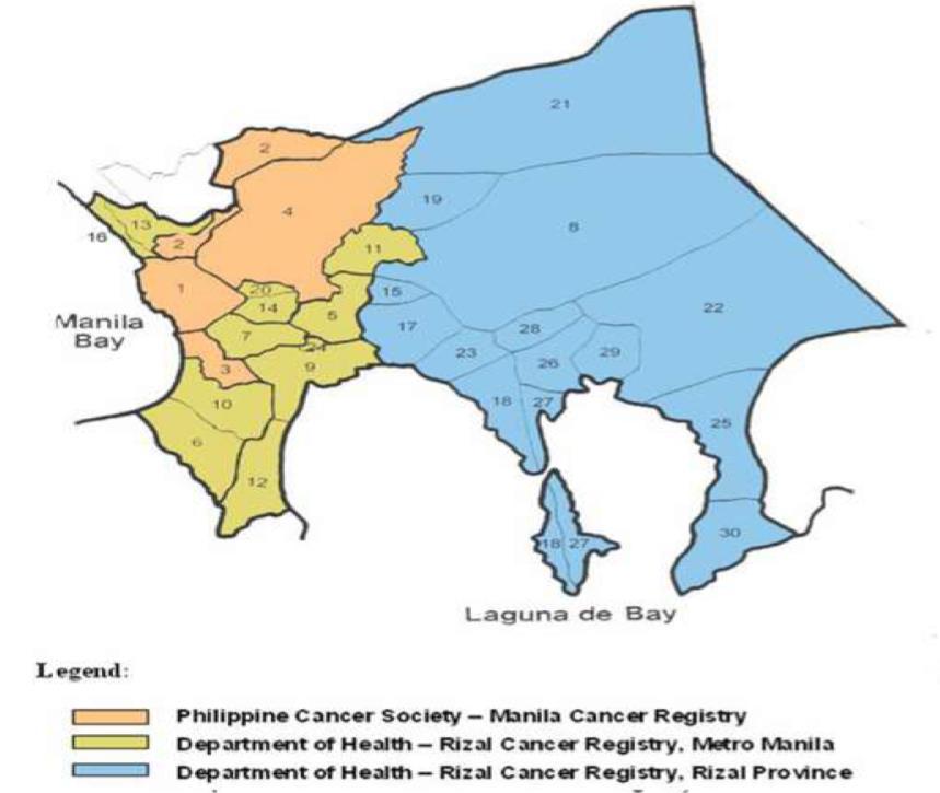 Figure 2.5.1. Map of Metro Manila and Rizal Province showing the number corresponding to each City/Municipality.