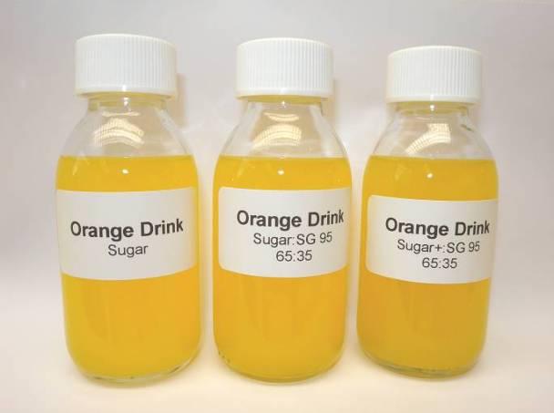 Apelsīnu dzēriens 3 veidi Cukurs ar 10 % cukura Cukurs:SG 95, 65:35 ar 65 % cukura saldumu un 35 % SG95 saldumu SG95 satura vismz 95 % steviola glikozīdu, no kuriem vismaz 50 % ir RebA Cukurs +:SG
