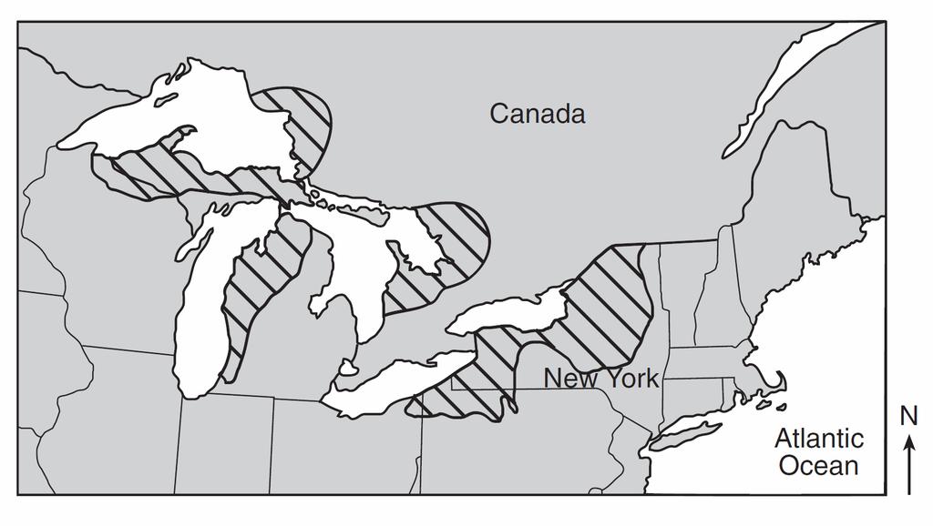 8. The striped areas on the map below show regions along the Great Lakes that often receive large amounts of snowfall due to lake-effect storms.