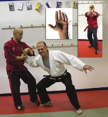 Kline demonstrating pressure-point attacks that flow from the often misunderstood but widely practised X block (inset) a beer.