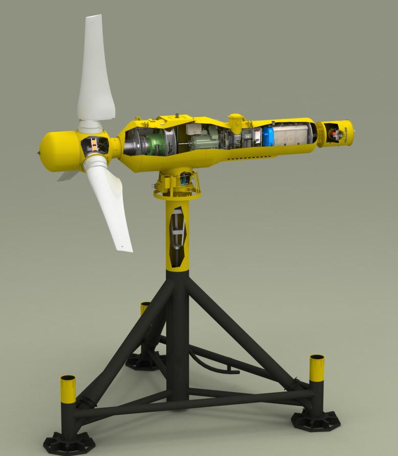 ALSTOM tidal turbine concept Disconnectable buoyant nacelle 3-blades, upstream pitch controlled to control loads Gearbox, induction generator, frequency converter and transformer Grid