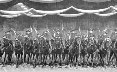 THE CEREMONIAL RIDE Artist: Keith Holmes Installed: 1999 Location: BMO Centre (south side) Type of art: Mural This mural depicts the Royal North West Mounted Police Ceremonial Ride at the Calgary