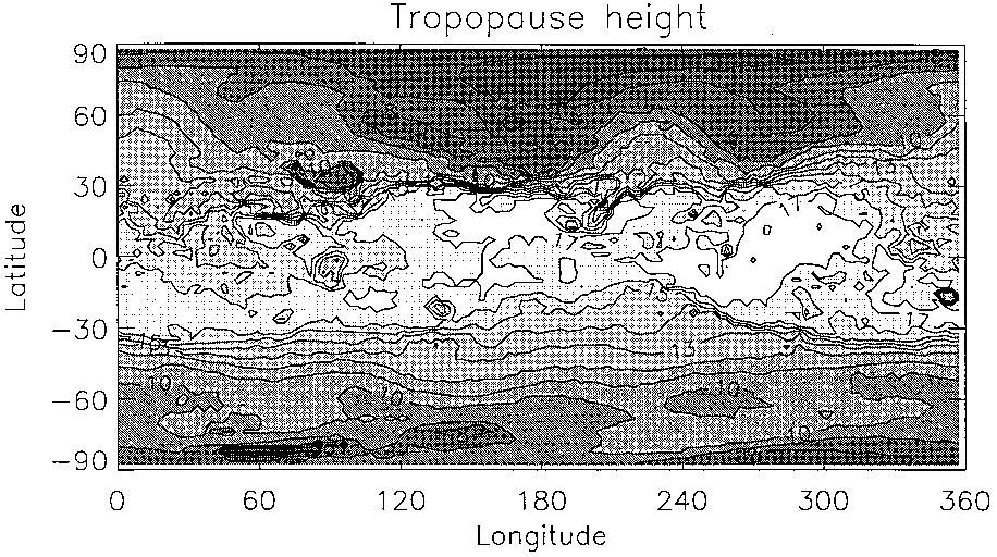 874 JOURNAL OF THE ATMOSPHERIC SCIENCES FIG. 3. Map of the tropopause height (km) on day 120 of the control integration.