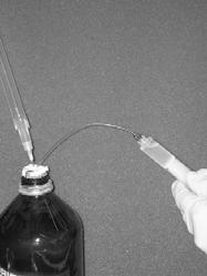 Fig 3. Inert gas bubbles and excess liquid are forced back into reagent bottle Fig. 4 Needle tip is brought into headspace of bottle, and an inert gas layer is drawn into syringe Fig.