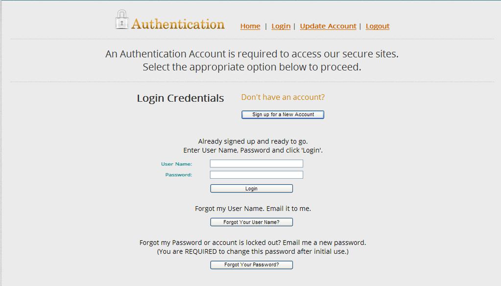 Complete all fields in the Authentication page. Make up your own user name and password.