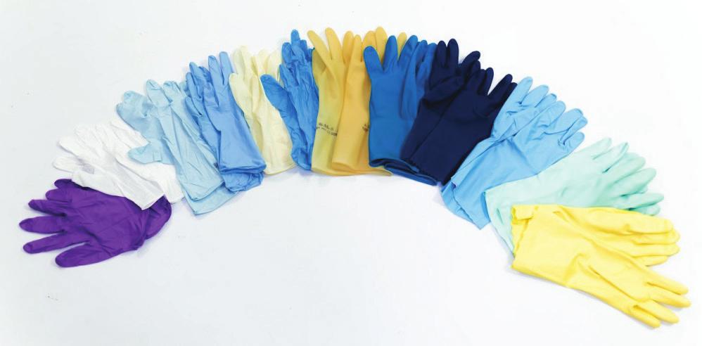 Nitrile gloves, although less flexible, are a good alternative. Gloves with extended cuffs are useful to cover potential gaps between the coveralls sleeves and the hand.