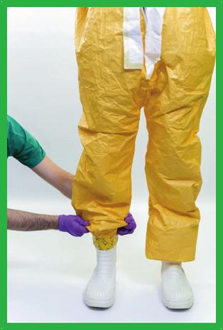 [+/+] Option A1: Coverall legs placed outside the boots Boots can also be taped directly to the coverall legs to avoid liquids leaking in.
