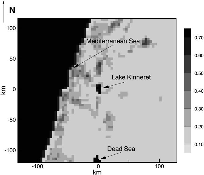 100 JOURNAL OF HYDROMETEOROLOGY VOLUME 1 FIG. 3. Soil moisture normalized by soil moisture at saturation derived from NDVI for the coarse grid illustrated in Fig. 1. small.
