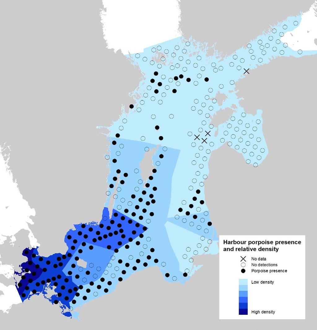 Colours in the map show approximate relative densities of animals. Darker blue colour represents higher densities. Densities are highest in Denmark, decreasing gradually towards the east and north.