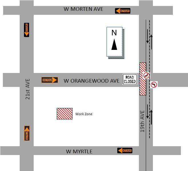 Outreach Coordinators Jessica Blazina (602) 510-5491 Orangewood Closed at 19th Ave Water Installation 24 hour closure Traffic Restrictions: April 14 to April 26, 2014 No left turn from 19th Ave