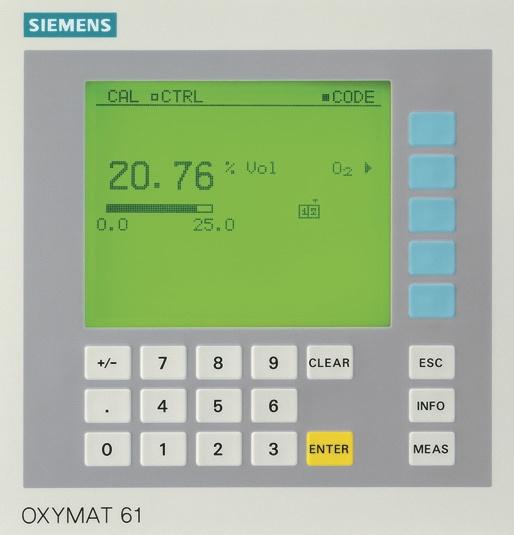 Continuous Gas Analyzers, extractive OXYMAT 61 LED backlit graphic display and membrane keyboard with noticeable click Status line to display the analyzer status (programmable) General information