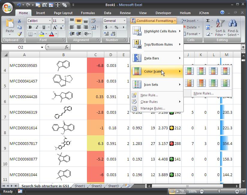 Helium, JChem and Excel the Possibilities With the various tools available within Excel 2007, Helium and JChem for Excel, the researcher has an